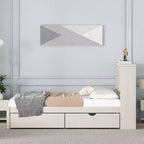 JVNOXK Lit double moderne de 221 cm avec tête de lit double étage en étagère, ports USB intégrés et deux tiroirs. Fini blanc cérusé.