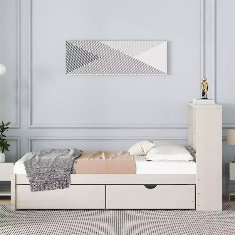 JVNOXK Lit double moderne de 221 cm avec tête de lit double étage en étagère, ports USB intégrés et deux tiroirs. Fini blanc cérusé.