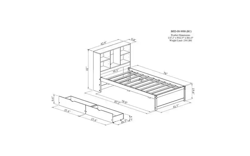 JVNOXK Lit double moderne de 221 cm avec tête de lit double étage en étagère, ports USB intégrés et deux tiroirs. Fini blanc cérusé.