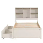 JVNOXK Lit double moderne de 221 cm avec tête de lit double étage en étagère, ports USB intégrés et deux tiroirs. Fini blanc cérusé.
