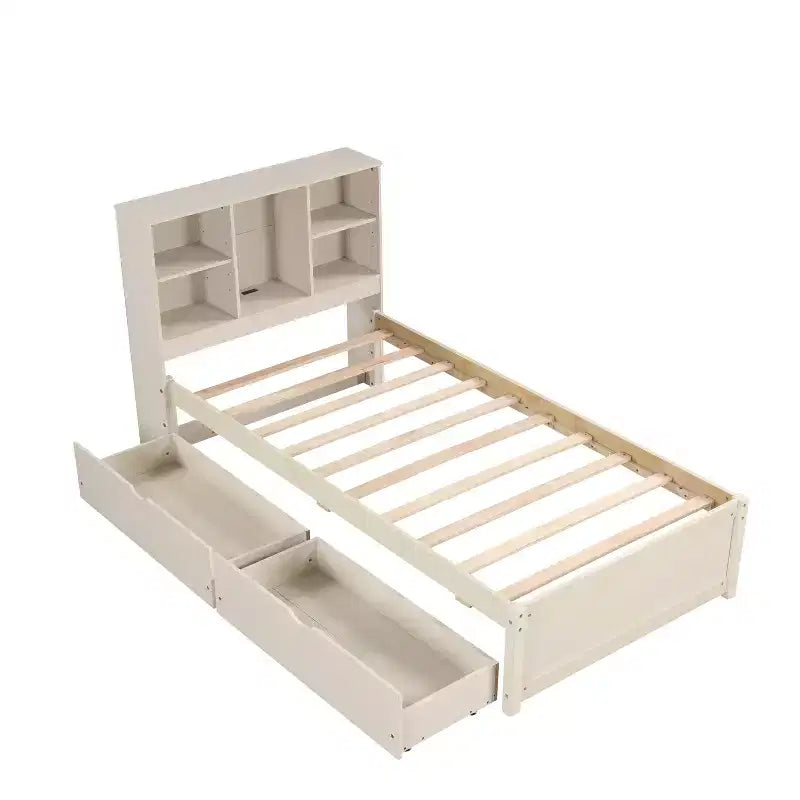 JVNOXK Lit double moderne de 221 cm avec tête de lit double étage en étagère, ports USB intégrés et deux tiroirs. Fini blanc cérusé.