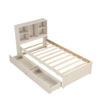 JVNOXK Lit double moderne de 221 cm avec tête de lit double étage en étagère, ports USB intégrés et deux tiroirs. Fini blanc cérusé.