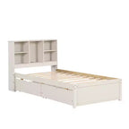 JVNOXK Lit double moderne de 221 cm avec tête de lit double étage en étagère, ports USB intégrés et deux tiroirs. Fini blanc cérusé.