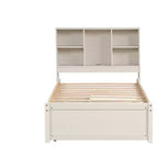 JVNOXK Lit double moderne de 221 cm avec tête de lit double étage en étagère, ports USB intégrés et deux tiroirs. Fini blanc cérusé.