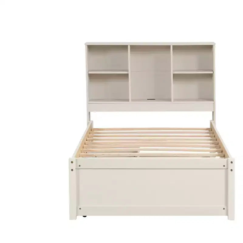 JVNOXK Lit double moderne de 221 cm avec tête de lit double étage en étagère, ports USB intégrés et deux tiroirs. Fini blanc cérusé.