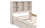 JVNOXK Lit double moderne de 221 cm avec tête de lit double étage en étagère, ports USB intégrés et deux tiroirs. Fini blanc cérusé.