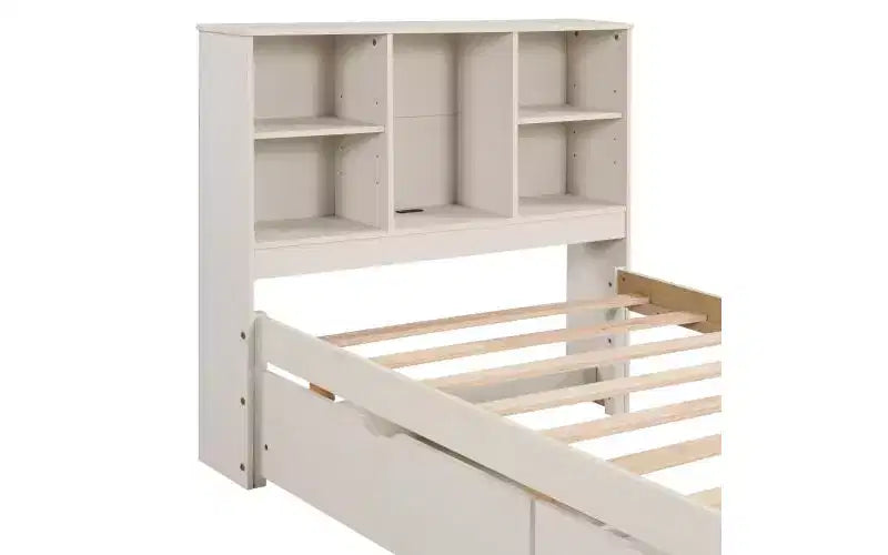 JVNOXK Lit double moderne de 221 cm avec tête de lit double étage en étagère, ports USB intégrés et deux tiroirs. Fini blanc cérusé.