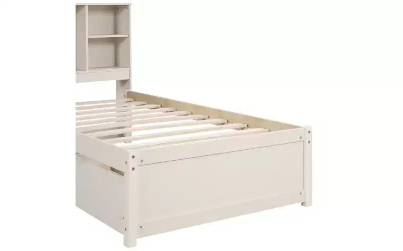 JVNOXK Lit double moderne de 221 cm avec tête de lit double étage en étagère, ports USB intégrés et deux tiroirs. Fini blanc cérusé.