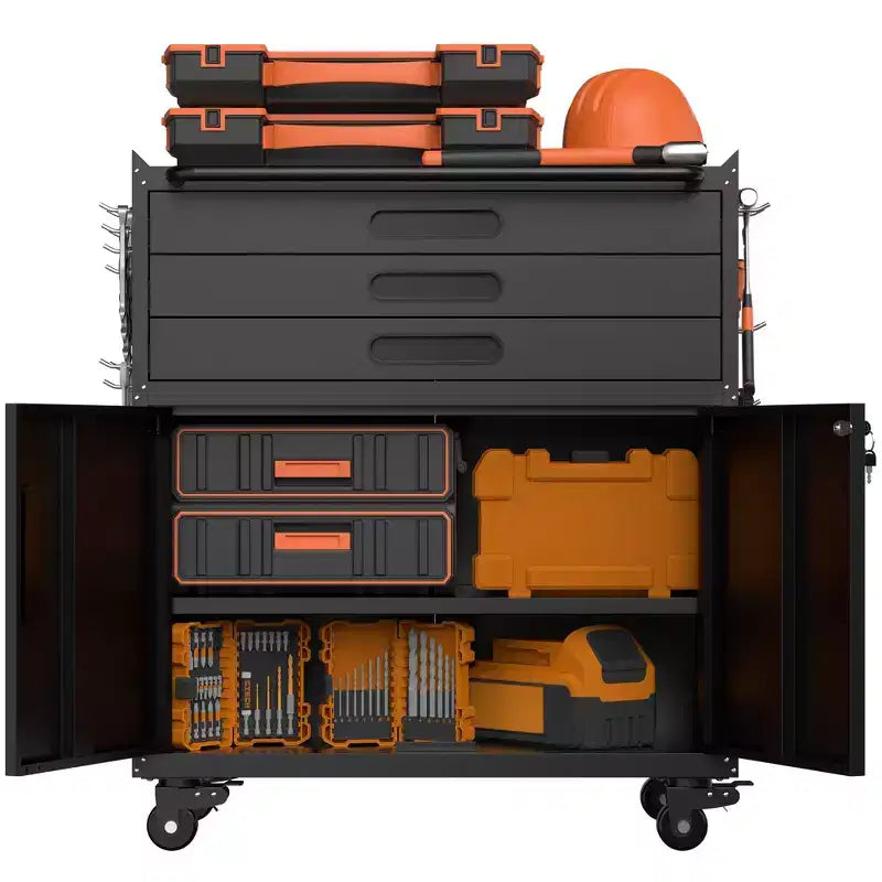 Meuble de rangement à roulettes en métal robuste VIYET 34 - Organisateur de garage à 3 tiroirs avec roues verrouillables, noir