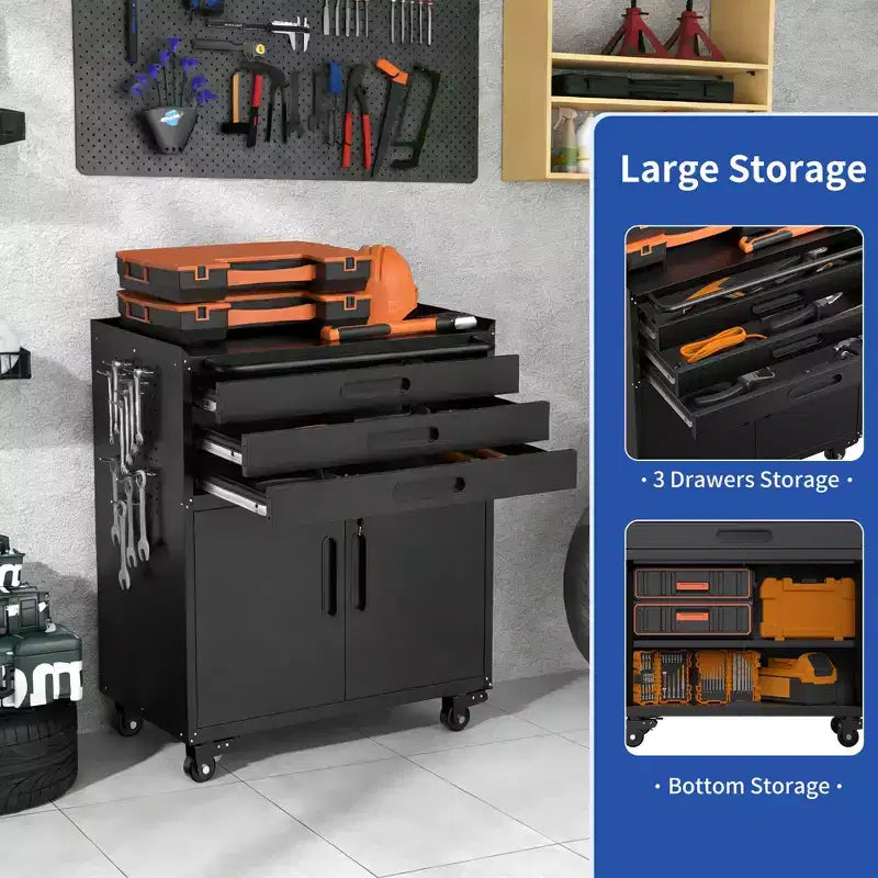 Meuble de rangement à roulettes en métal robuste VIYET 34 - Organisateur de garage à 3 tiroirs avec roues verrouillables, noir