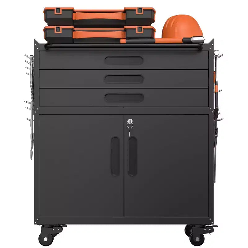 Meuble de rangement à roulettes en métal robuste VIYET 34 - Organisateur de garage à 3 tiroirs avec roues verrouillables, noir