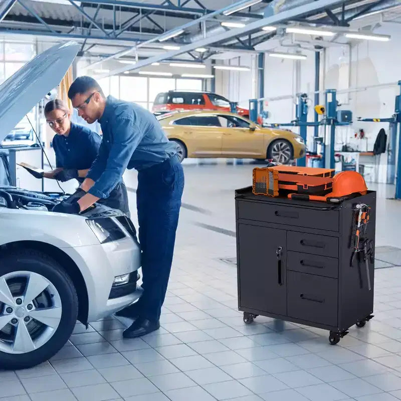 VIYET 34 Servante d'Atelier à 4 Tiroirs - Organiseur de Garage en Acier Robuste avec Compartiment de Rangement Verrouillable et Coffre d'Atelier Roulant, Noir