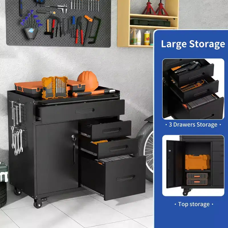 VIYET 34 Servante d'Atelier à 4 Tiroirs - Organiseur de Garage en Acier Robuste avec Compartiment de Rangement Verrouillable et Coffre d'Atelier Roulant, Noir