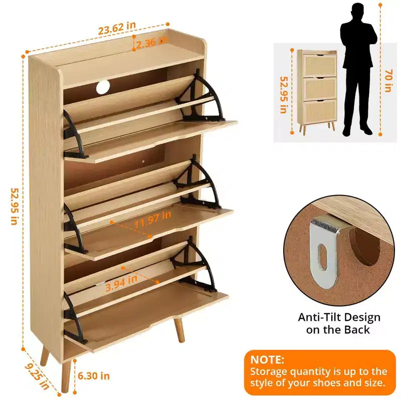 Meuble de rangement à chaussures mince avec portes - Organisateur étroit peu encombrant pour entrée, placard et chambre à coucher, Étagère à chaussures moderne en rotin