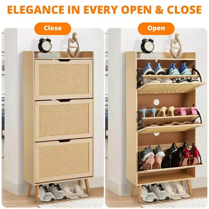 Meuble de rangement à chaussures mince avec portes - Organisateur étroit peu encombrant pour entrée, placard et chambre à coucher, Étagère à chaussures moderne en rotin