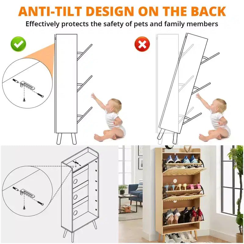 Meuble de rangement à chaussures mince avec portes - Organisateur étroit peu encombrant pour entrée, placard et chambre à coucher, Étagère à chaussures moderne en rotin