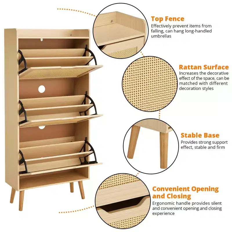 Meuble de rangement à chaussures mince avec portes - Organisateur étroit peu encombrant pour entrée, placard et chambre à coucher, Étagère à chaussures moderne en rotin