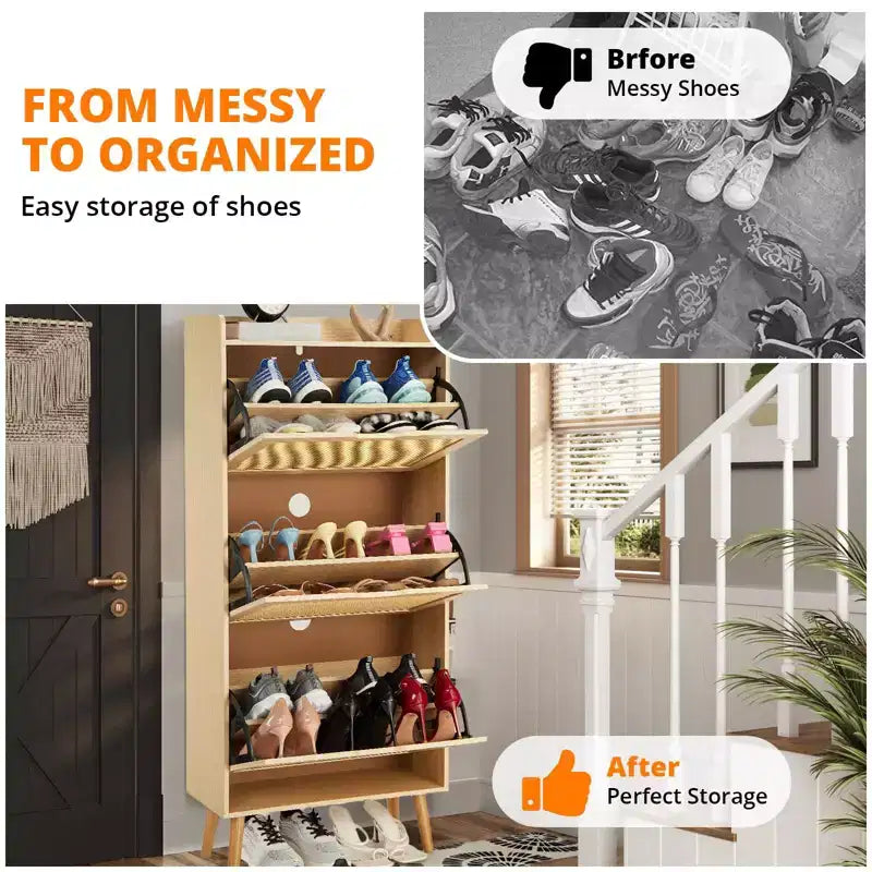 Meuble de rangement à chaussures mince avec portes - Organisateur étroit peu encombrant pour entrée, placard et chambre à coucher, Étagère à chaussures moderne en rotin