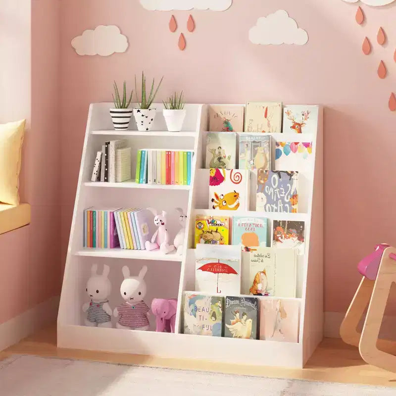 Étagère à livres pour enfants à 4 niveaux en bois avec rangement de jouets, organiseur de livres mural pour chambre d'enfant, blanc