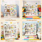 Étagère à livres pour enfants à 4 niveaux en bois avec rangement de jouets, organiseur de livres mural pour chambre d'enfant, blanc