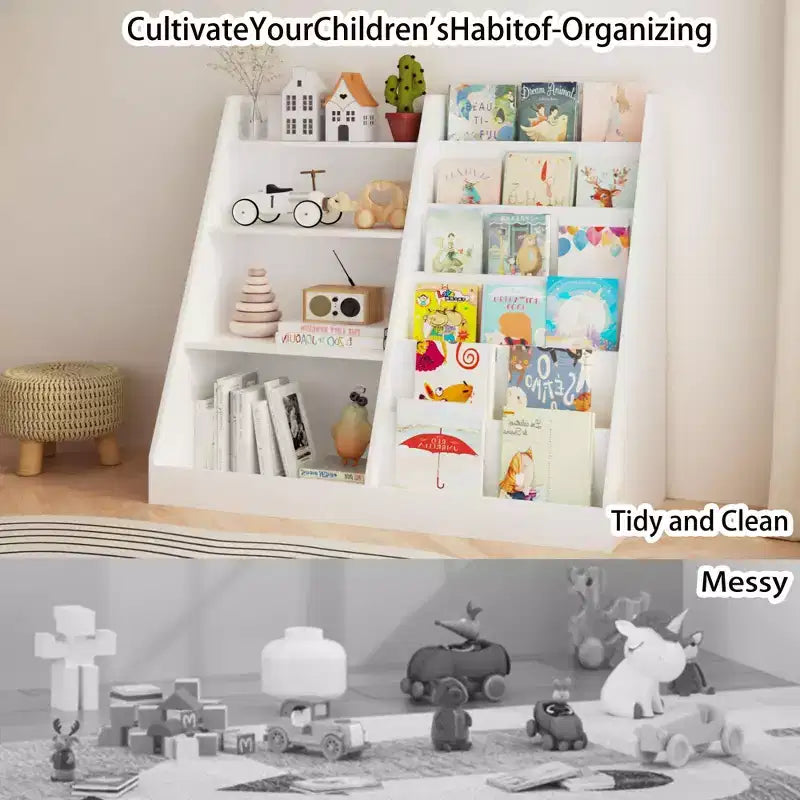 Étagère à livres pour enfants à 4 niveaux en bois avec rangement de jouets, organiseur de livres mural pour chambre d'enfant, blanc