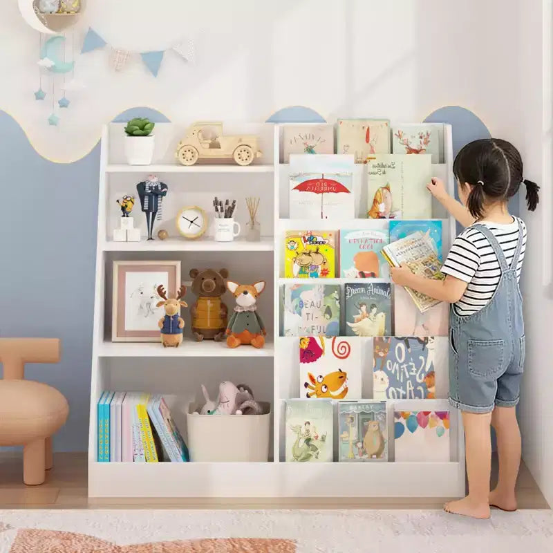 Étagère à livres pour enfants à 4 niveaux en bois avec rangement de jouets, organiseur de livres mural pour chambre d'enfant, blanc