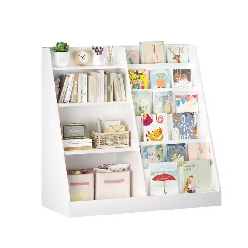 Étagère à livres pour enfants à 4 niveaux en bois avec rangement de jouets, organiseur de livres mural pour chambre d'enfant, blanc