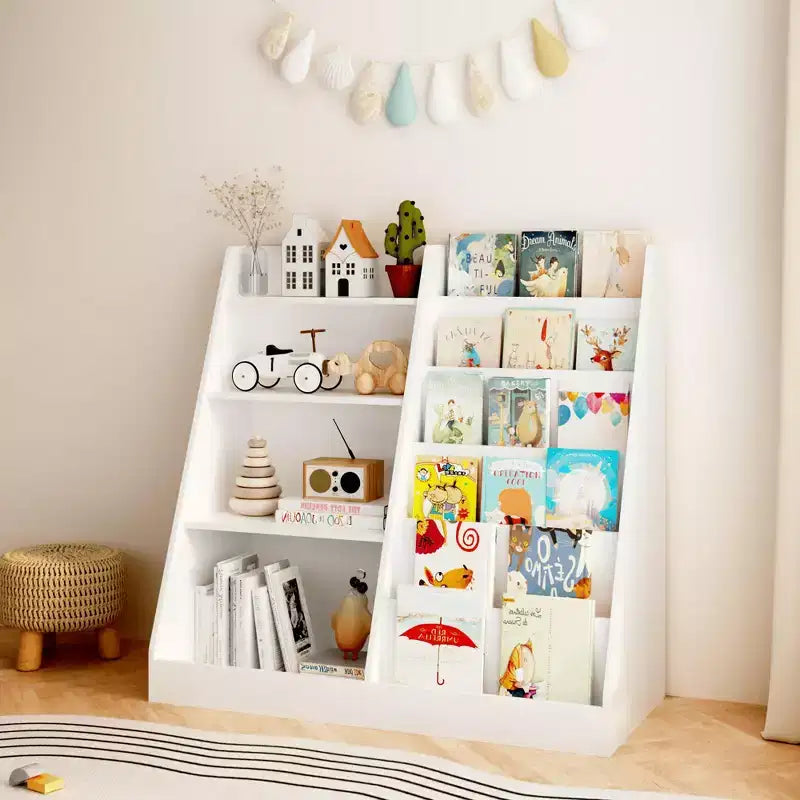 Étagère à livres pour enfants à 4 niveaux en bois avec rangement de jouets, organiseur de livres mural pour chambre d'enfant, blanc
