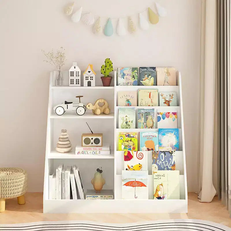 Étagère à livres pour enfants à 4 niveaux en bois avec rangement de jouets, organiseur de livres mural pour chambre d'enfant, blanc