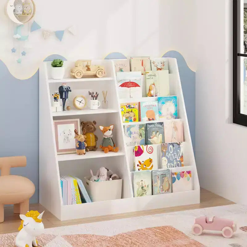 Étagère à livres pour enfants à 4 niveaux en bois avec rangement de jouets, organiseur de livres mural pour chambre d'enfant, blanc