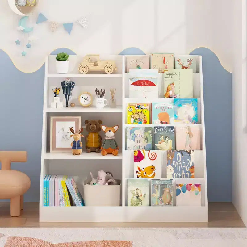 Étagère à livres pour enfants à 4 niveaux en bois avec rangement de jouets, organiseur de livres mural pour chambre d'enfant, blanc