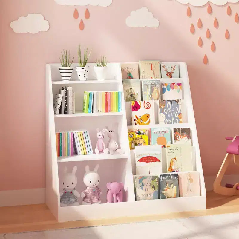 Étagère à livres pour enfants à 4 niveaux en bois avec rangement de jouets, organiseur de livres mural pour chambre d'enfant, blanc