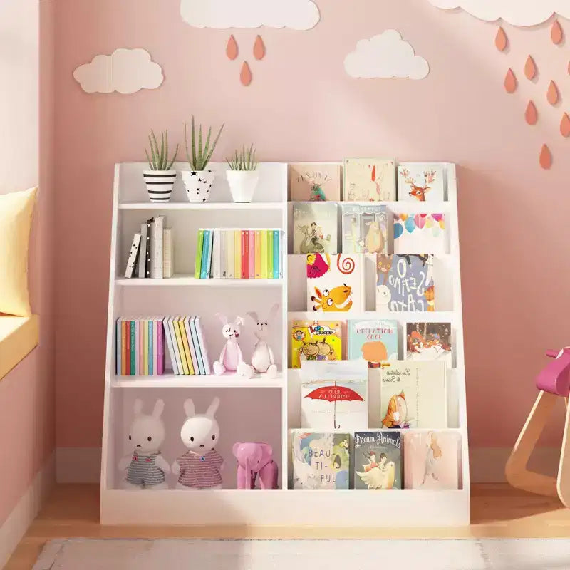 Étagère à livres pour enfants à 4 niveaux en bois avec rangement de jouets, organiseur de livres mural pour chambre d'enfant, blanc