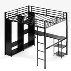 Queen Loft Bed with Built-In Desk, Metal Bed Frame with Wardrobe & Storage Shelves, Ladder, Guardrails