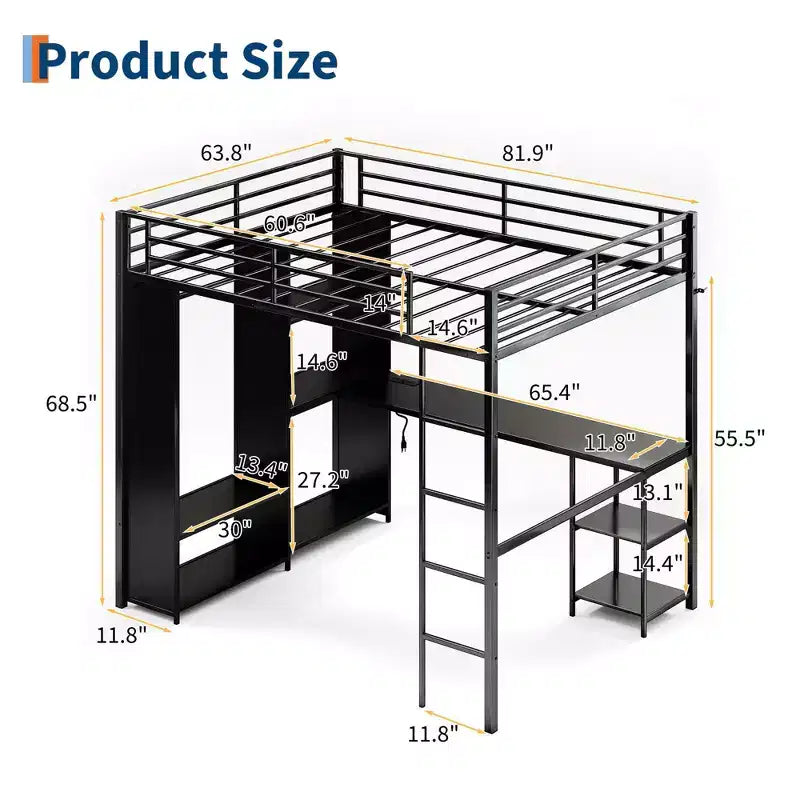 Lit mezzanine Queen avec bureau intégré, cadre de lit en métal avec armoire et étagères de rangement, échelle, balustrades de sécurité