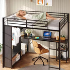 Lit mezzanine Queen avec bureau intégré, cadre de lit en métal avec armoire et étagères de rangement, échelle, balustrades de sécurité