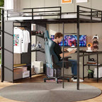 Lit mezzanine Queen avec bureau intégré, cadre de lit en métal avec armoire et étagères de rangement, échelle, balustrades de sécurité