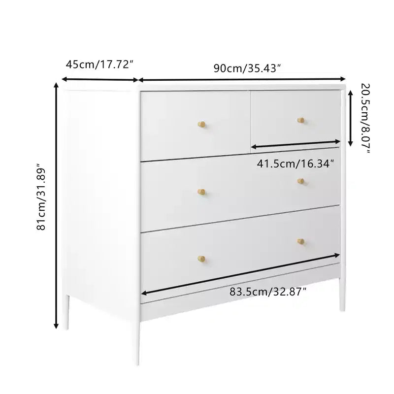 Commode 4 tiroirs pour enfants, meuble de rangement en bois pour chambre de bébé ou d'enfant, 90 cm de large, blanc