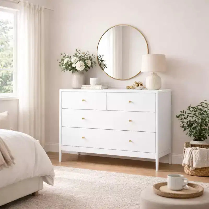 Commode 4 tiroirs pour enfants, meuble de rangement en bois pour chambre de bébé ou d'enfant, 90 cm de large, blanc