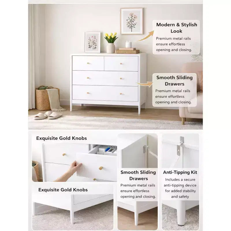 Commode 4 tiroirs pour enfants, meuble de rangement en bois pour chambre de bébé ou d'enfant, 90 cm de large, blanc