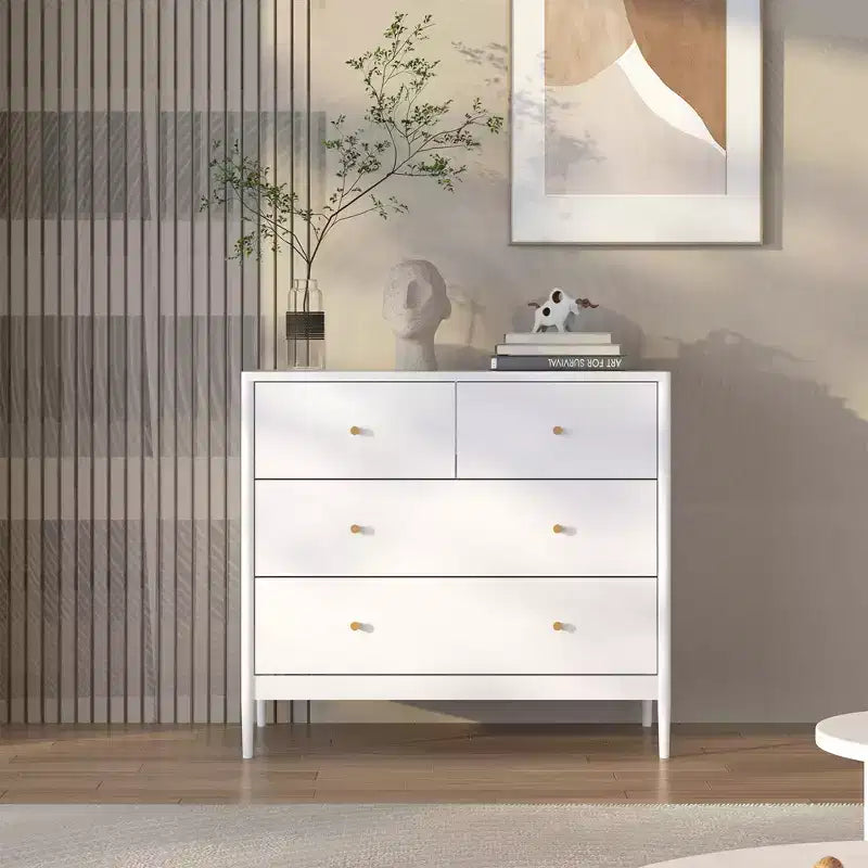 Commode 4 tiroirs pour enfants, meuble de rangement en bois pour chambre de bébé ou d'enfant, 90 cm de large, blanc