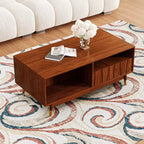 Table basse en noyer de 120 cm avec rangement et étagère ouverte, style moderne du milieu du siècle, détails en métal doré, pour salon, de ATJafurn