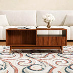 Table basse en noyer de 120 cm avec rangement et étagère ouverte, style moderne du milieu du siècle, détails en métal doré, pour salon, de ATJafurn
