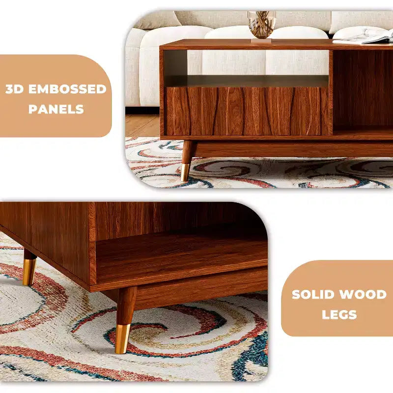 Table basse en noyer de 120 cm avec rangement et étagère ouverte, style moderne du milieu du siècle, détails en métal doré, pour salon, de ATJafurn