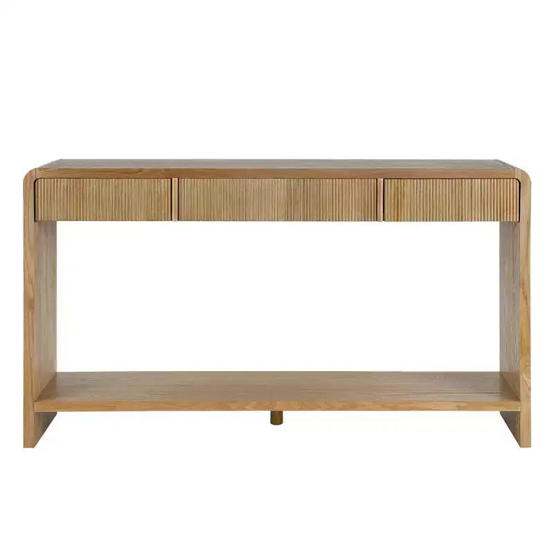 Console de Chevet Moderne Whisen, Table de Couloir Élégante, Table Basse Fine à 3 Tiroirs, Lattes Verticales, Design à Bords Arrondis