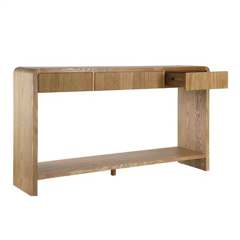 Console de Chevet Moderne Whisen, Table de Couloir Élégante, Table Basse Fine à 3 Tiroirs, Lattes Verticales, Design à Bords Arrondis