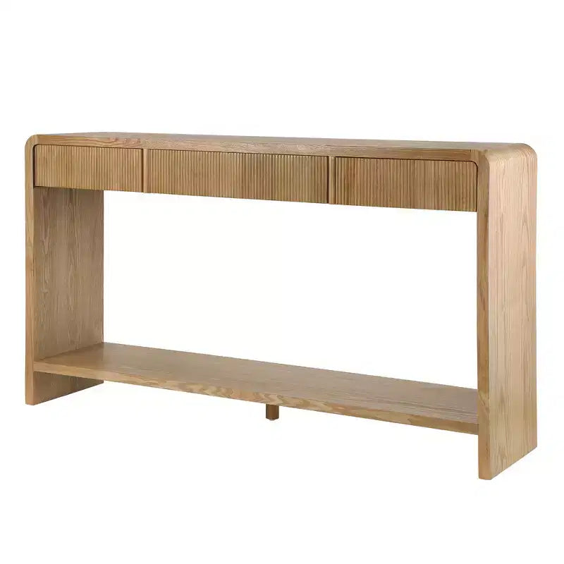 Console de Chevet Moderne Whisen, Table de Couloir Élégante, Table Basse Fine à 3 Tiroirs, Lattes Verticales, Design à Bords Arrondis