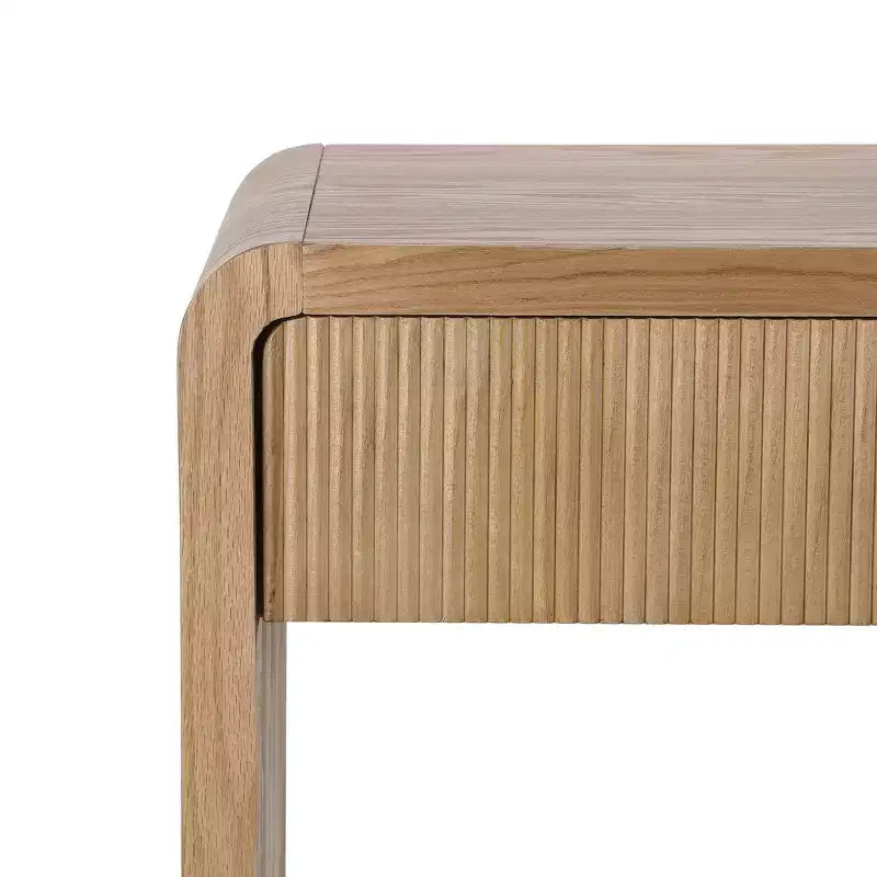 Console de Chevet Moderne Whisen, Table de Couloir Élégante, Table Basse Fine à 3 Tiroirs, Lattes Verticales, Design à Bords Arrondis