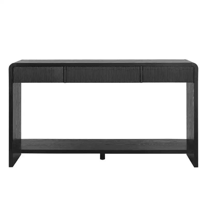 Console de Chevet Moderne Whisen, Table de Couloir Élégante, Table Basse Fine à 3 Tiroirs, Lattes Verticales, Design à Bords Arrondis