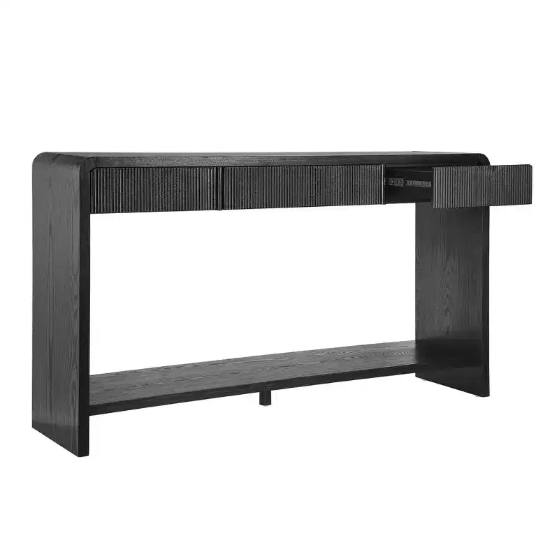 Console de Chevet Moderne Whisen, Table de Couloir Élégante, Table Basse Fine à 3 Tiroirs, Lattes Verticales, Design à Bords Arrondis